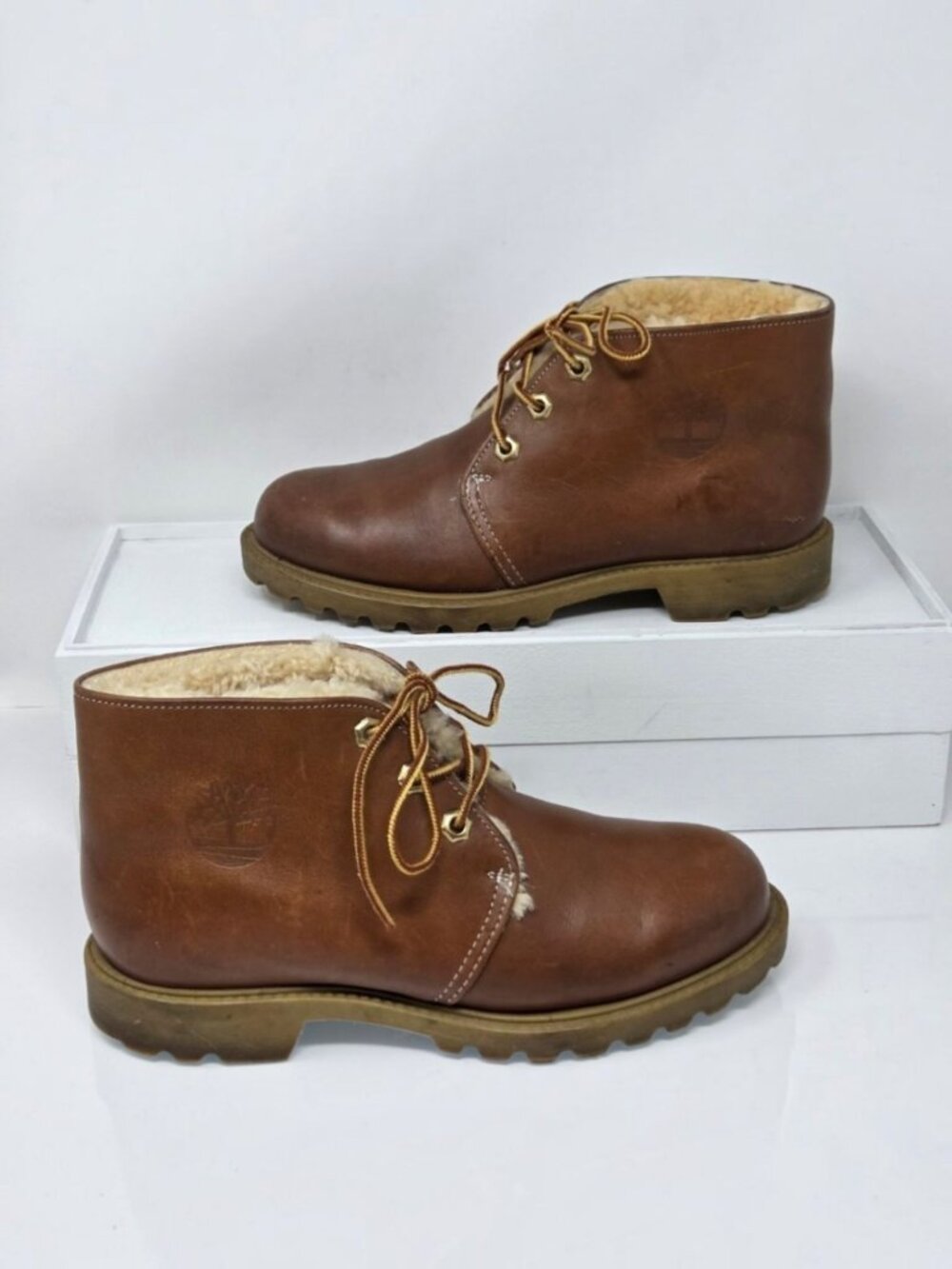 Vtg Timberland Womens 6.5 USA Brown Leather ankle Boots Sherpa Oil Resistant